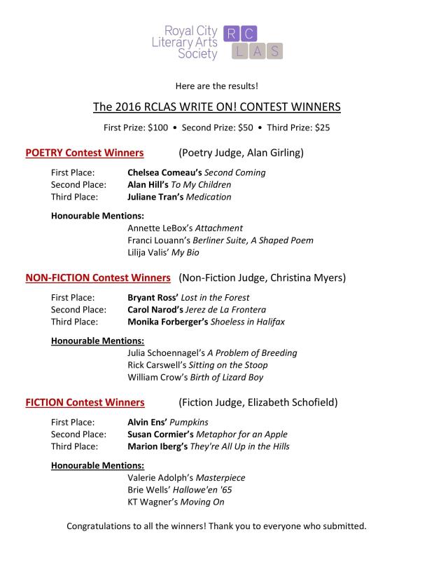 RCLAS Write on Contest 2016 WINNERS AND HM's
