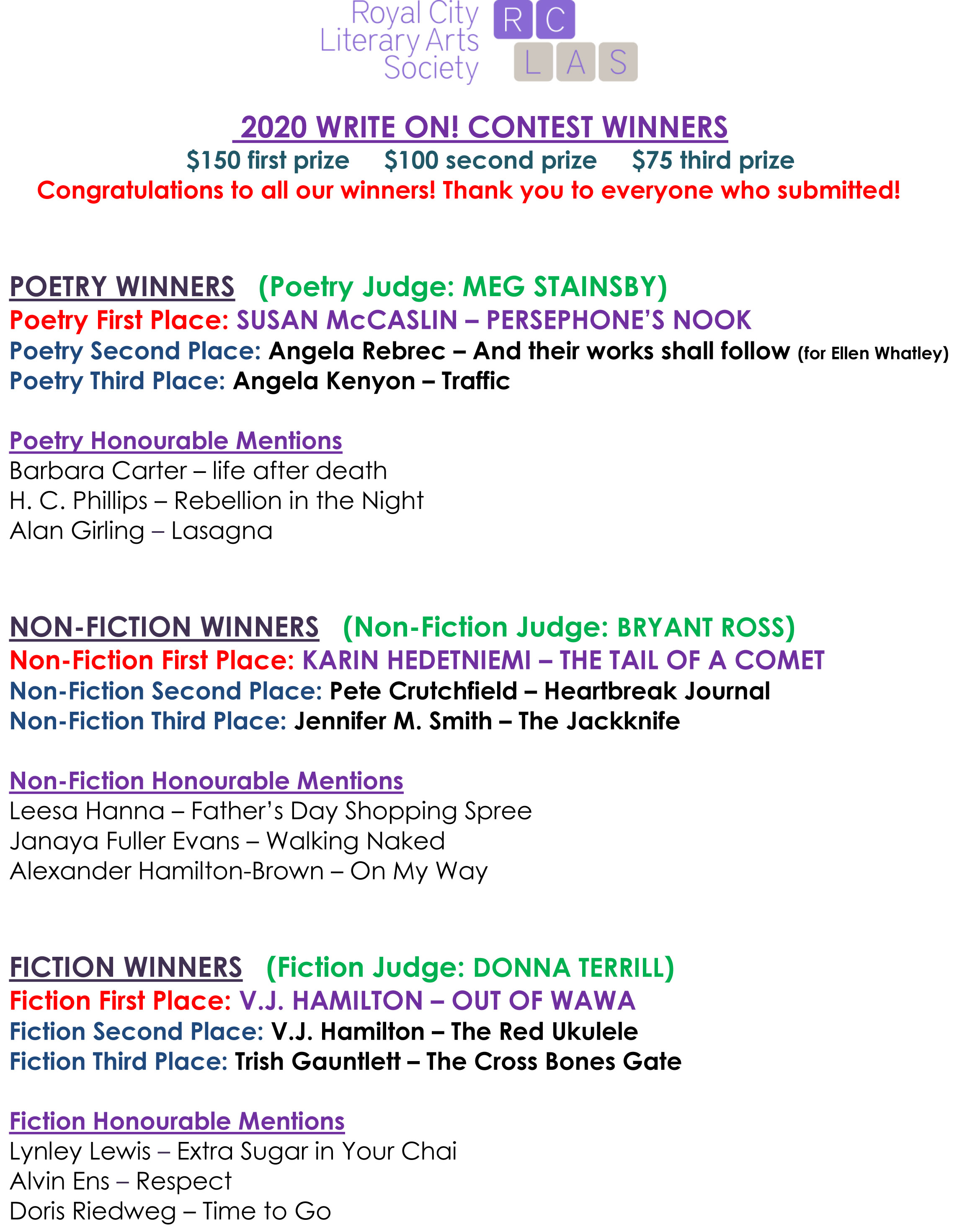 RCLAS Write on Contest 2020 WINNERS AND HM's